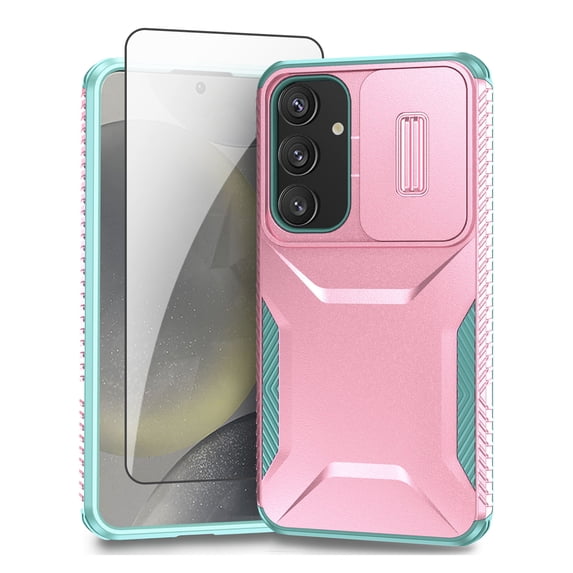 Allytechgroup Galaxy S24 Rugged Case with Screen Protector, Sliding Camera Lens Protector Bumper Shockproof Anti-Scratch Slim Phone Case Cover for Samsung Galaxy S24, Rosegold
