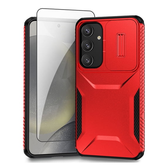 Allytechgroup Galaxy S24 Rugged Case with Screen Protector, Sliding Camera Lens Protector Bumper Shockproof Anti-Scratch Slim Phone Case Cover for Samsung Galaxy S24, Red