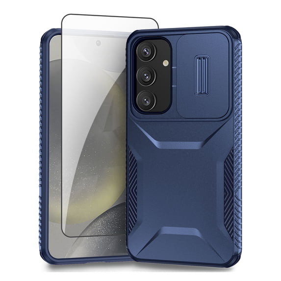 Allytechgroup Galaxy S24 Rugged Case with Screen Protector, Sliding Camera Lens Protector Bumper Shockproof Anti-Scratch Slim Phone Case Cover for Samsung Galaxy S24, Blue