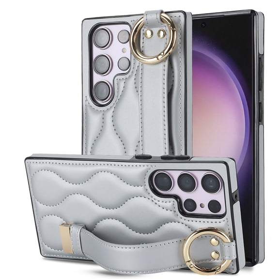 Allytechgroup Galaxy S24 Ultra Case with Keychain, Luxury Girly PU Leather Back Cover Bracket Stand Shockproof Bumper Drop Proof Phone Case Cover for Samsung Galaxy S24 Ultra, Silver