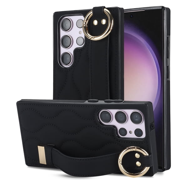 Allytechgroup Galaxy S24 Ultra Case with Keychain, Luxury Girly PU Leather Back Cover Bracket Stand Shockproof Bumper Drop Proof Phone Case Cover for Samsung Galaxy S24 Ultra, Black