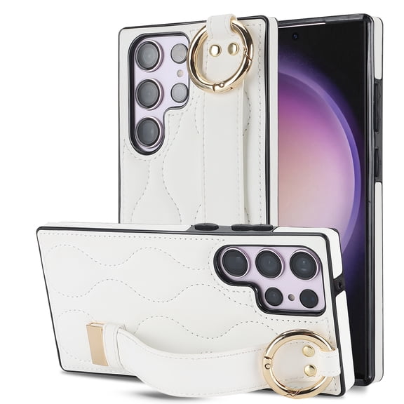 Allytechgroup Galaxy S24 Ultra Case with Keychain, Luxury Girly PU Leather Back Cover Bracket Stand Shockproof Bumper Drop Proof Phone Case Cover for Samsung Galaxy S24 Ultra, White