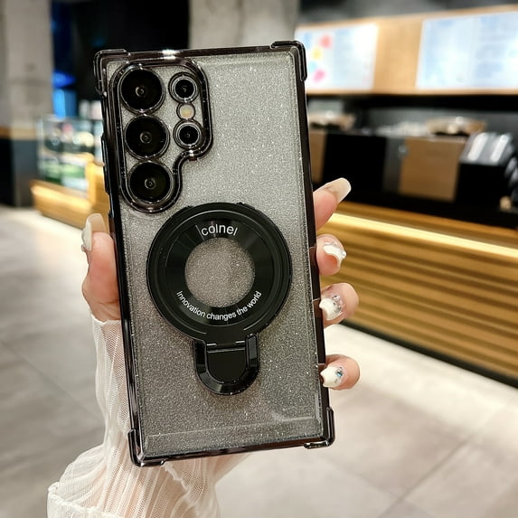 Allytechgroup Galaxy S24 Ultra Clear Case with Glitter Bling Paper, Stylish Ring Holder Mangetic Back Cover Anti-Scratch Shockproof Bumper Phone Case for Samsung Galaxy S24 Ultra, Black