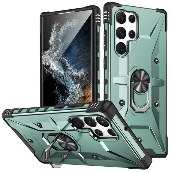 Allytechgroup Galaxy S24 Ultra Rugged Case, Hybrid Ring Holder Stand Shockproof Compatible with Car Mount Anti-Scratch Anti-Slip Lightweight Phone Case for Samsung Galaxy S24 Ultra, Darkgreen