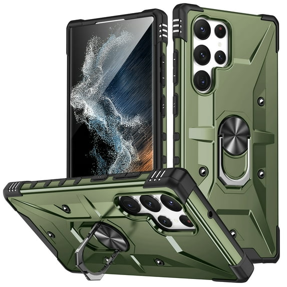 Allytechgroup Galaxy S24 Ultra Rugged Case, Hybrid Ring Holder Stand Shockproof Compatible with Car Mount Anti-Scratch Anti-Slip Lightweight Phone Case for Samsung Galaxy S24 Ultra, Armygreen