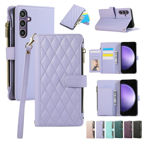 Allytechgroup Galaxy S24 Wallet Case with Cards Holder Zipper Pocket, RFID Blocking Hand Wrist Shoulder Strap Stylish Girls Women Phone Case for Samsung Galaxy S24, Lightpurple