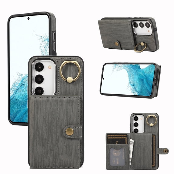 Allytechgroup Galaxy S24 Wallet Case with Cards Slots & Ring Holder, Premium Leather Kickstand Shockproof Retro Bumper Anti-Scratch Phone Case Cover for Samsung Galaxy S24, Gray