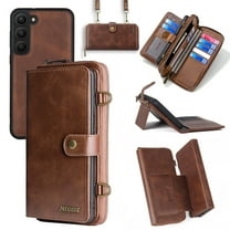 Allytechgroup Galaxy S24 Wallet Case, Premium PU Leather 13 Cards Holder Large Space Zipper Pocket Detachable Back Cover Shoulder Strap Lanyard Shockproof Phone Case for Samsung Galaxy S24, Brown