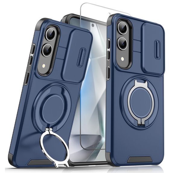 Allytechgroup Galaxy S25 Edge Case with Screen Protector, Heavy Duty Shockproof Phone Case for Samsung Galaxy S25 Edge with Ring Bracket, Rotating Kickstand, Sliding Camera Cover for S25 Edge,Blue
