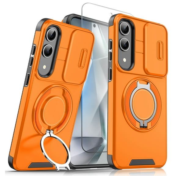 Allytechgroup Galaxy S25 Edge Case with Screen Protector, Heavy Duty Shockproof Phone Case for Samsung Galaxy S25 Edge with Ring Bracket, Rotating Kickstand, Sliding Camera Cover for S25 Edge,Orange