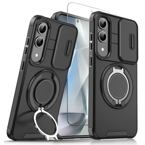 Allytechgroup Galaxy S25 Edge Case with Screen Protector, Heavy Duty Shockproof Phone Case for Samsung Galaxy S25 Edge with Ring Bracket, Rotating Kickstand, Sliding Camera Cover for S25 Edge,Black