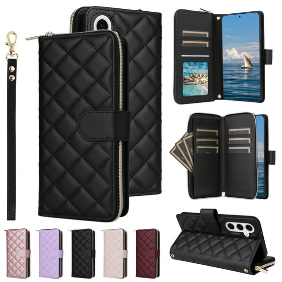 Allytechgroup Galaxy S25 Edge Wallet Case with Zipper Pocket & Cards Slots, Crossbody Lanyard + Hand Strap Stand Shockproof PU Leather Flip Cover Phone Case for Samsung Galaxy S25 Edge, Black