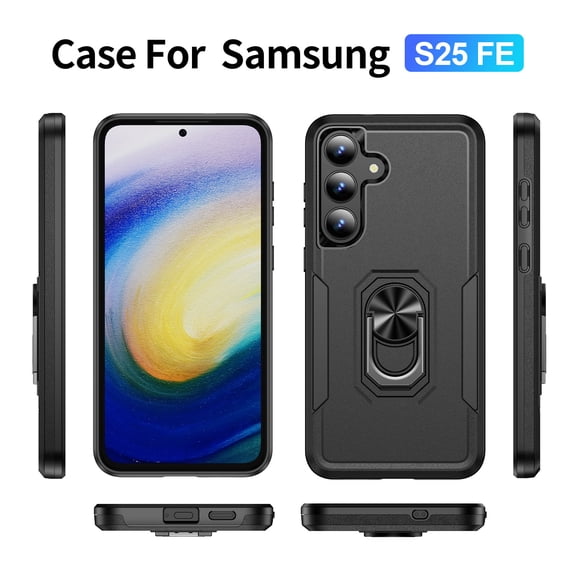 Allytechgroup Galaxy S25 FE Case with Ring Holder Stad,  Military Grade Shockproof Compatible with Car Mount Rugged Bumper Phone Case for Samsung Galaxy S25 FE, Black