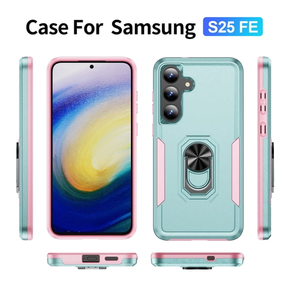 Allytechgroup Galaxy S25 FE Case with Ring Holder Stad,  Military Grade Shockproof Compatible with Car Mount Rugged Bumper Phone Case for Samsung Galaxy S25 FE, Green+Pink