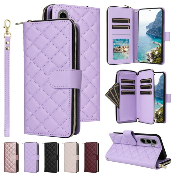 Allytechgroup Galaxy S25 FE Wallet Case with Zipper Pocket & Cards Slots, Crossbody Lanyard + Hand Strap Stand Shockproof PU Leather Flip Cover Phone Case for Samsung Galaxy S25 FE 6.7", Purple