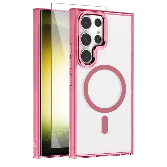 Allytechgroup Magnetic Crystal Clear Back Cover Cell Phone Case with Screen Protector for Samsung Galaxy S25 Ultra, Pink