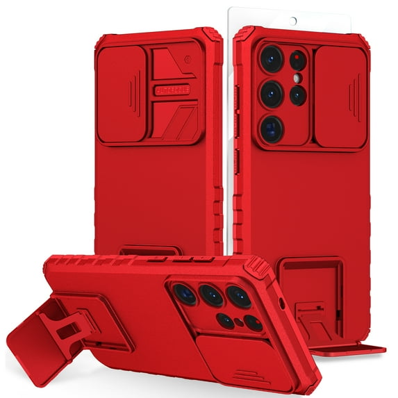 Allytechgroup for Galaxy S25 Ultra Case with Screen Protector, Sliding Camera Lens Cover Kickstand Rugged Bumper TPU PC Full Body Protection Phone Case for Samsung Galaxy S25 Ultra, Red