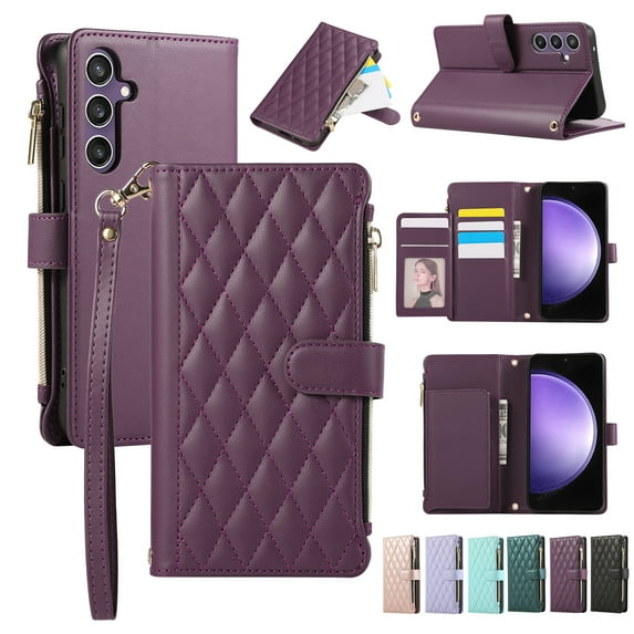 Allytechgroup Galaxy S25 Wallet Case with Cards Holder Zipper Pocket, RFID Blocking Hand Wrist Shoulder Strap Stylish Girls Women Phone Case for Samsung Galaxy S25, Darkpurple