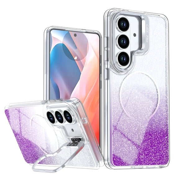 Allytechgroup for Galaxy S26 Case with Stand Bracket, Glitter Gradient Color Compatible with Magsafe Slim Fit TPU Bumper Anti-Scratch Shockproof Magnetic Phone Case for Galaxy S26, Purple