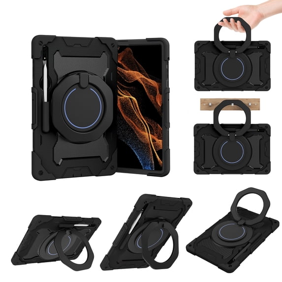 Allytechgroup Galaxy Tab S8+ Plus /S7+ Plus/S7 FE Case - Protective Case for 12.4-inch Model SM-X800/X806/T730/T736B/T970/T975 with Pencil Holder Rotating Stand Military Grade Shockproof, Black