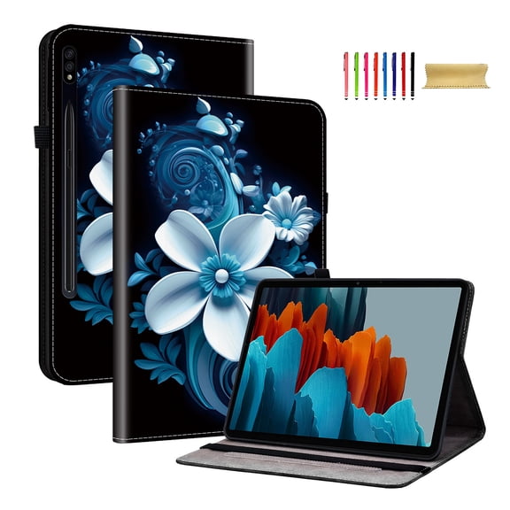 Allytechgroup for Galaxy Tab S9/S8/S7 11", Stylish Pattern Cards Slots Stand Protective Shockproof Case with Elastic Band for Galaxy Tab S9 / Tab S8/ Tab S7 SM-X710 X706 T870, White Flower