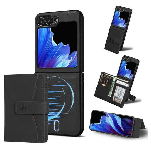 Allytechgroup Galaxy Z Flip 3 Case, Premium PU Leather 2 In 1 Wallet Phone Case for Samsung Galaxy Z Flip 3 with Card Holder Shockproof TPU Magnetic Cover Compatible with MagSafe & Car Mount,Black