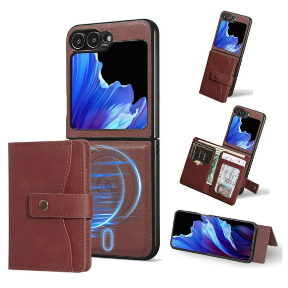 Allytechgroup Galaxy Z Flip 3 Case, Premium PU Leather 2 In 1 Wallet Phone Case for Samsung Galaxy Z Flip 3 with Card Holder Shockproof TPU Magnetic Cover Compatible with MagSafe & Car Mount,Winered
