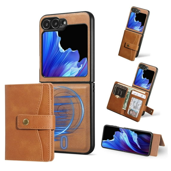Allytechgroup Galaxy Z Flip 3 Case, Premium PU Leather 2 In 1 Wallet Phone Case for Samsung Galaxy Z Flip 3 with Card Holder Shockproof TPU Magnetic Cover Compatible with MagSafe & Car Mount,Brown