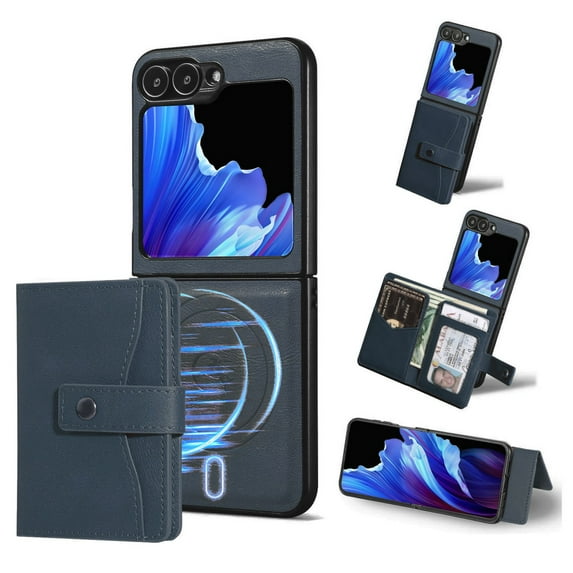 Allytechgroup Galaxy Z Flip 3 Case, Premium PU Leather 2 In 1 Wallet Phone Case for Samsung Galaxy Z Flip 3 with Card Holder Shockproof TPU Magnetic Cover Compatible with MagSafe & Car Mount,Blue