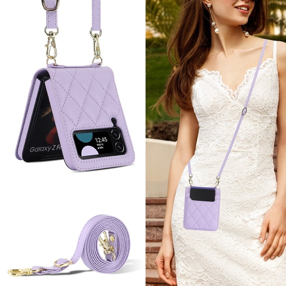 Allytechgroup Galaxy Z Flip 3 Wallet Case with Cards Holder, with Shoulder Strap Premium PU Leather Protective Shockproof Hand Wrist Phone Case Cover for Samsung Galaxy Z Flip 3, Purple