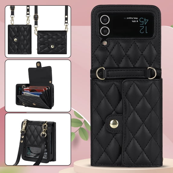Allytechgroup Galaxy Z Flip 3 Wallet Case with Shoulder Strap, Premium PU Leather Multiple Cards Slots Protective Shockproof Portable Phone Case Cover for Samsung Galaxy Z Flip 3, Black