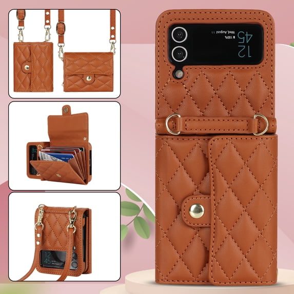 Allytechgroup Galaxy Z Flip 3 Wallet Case with Shoulder Strap, Premium PU Leather Multiple Cards Slots Protective Shockproof Portable Phone Case Cover for Samsung Galaxy Z Flip 3, Brown