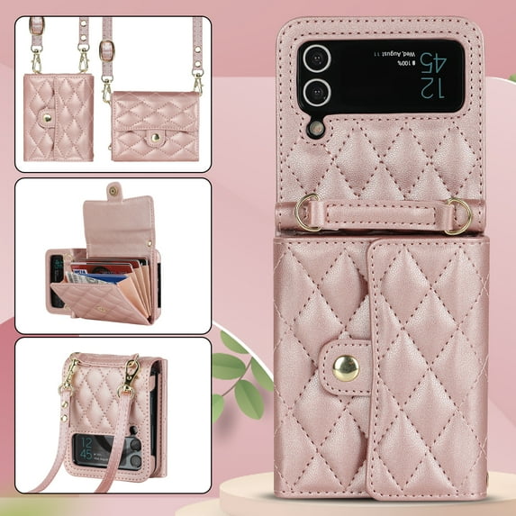 Allytechgroup Galaxy Z Flip 3 Wallet Case with Shoulder Strap, Premium PU Leather Multiple Cards Slots Protective Shockproof Portable Phone Case Cover for Samsung Galaxy Z Flip 3, Rosegold