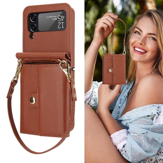 Allytechgroup Galaxy Z Flip 3 Wallet Case, Stylish Practical Protective Premium PU Leather Cards Slots Hand Wrist Crossbody Strap Phone Case for Samsung Galaxy Z Flip 3, Brown