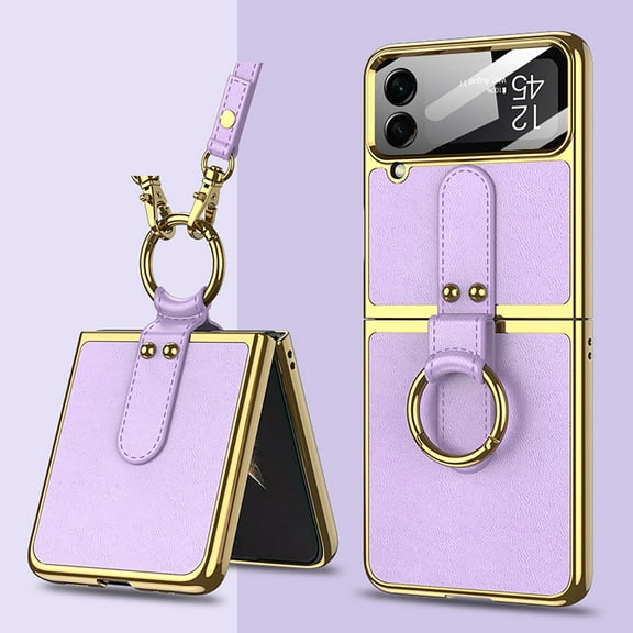 Allytechgroup Galaxy Z Flip 4 Case with Screen Protector, with Ring Holder Shoulder Strap Full Body Shockproof Bumper Anti-Scratch Slim Phone Case for Samsung Galaxy Z Flip4, Purple