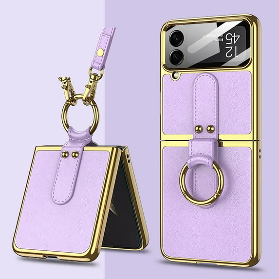 Allytechgroup Galaxy Z Flip 4 Case with Screen Protector, with Ring Holder Shoulder Strap Full Body Shockproof Bumper Anti-Scratch Slim Phone Case for Samsung Galaxy Z Flip4, Purple