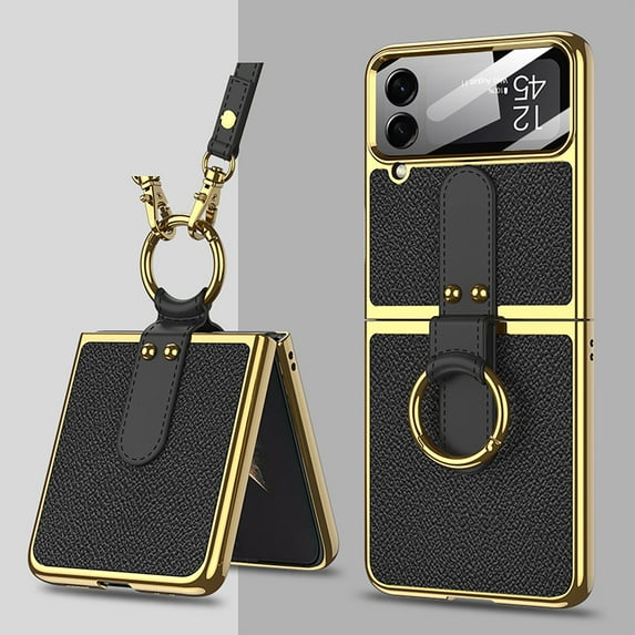 Allytechgroup Galaxy Z Flip 4 Case with Screen Protector, with Ring Holder Shoulder Strap Full Body Shockproof Bumper Anti-Scratch Slim Phone Case for Samsung Galaxy Z Flip4, Black