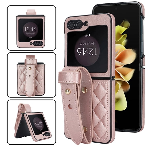 Allytechgroup Galaxy Z Flip 4 Case with Strap, Premium PU Leather Slim Fit Anti-Scratch Stylish Design Shockproof Protective Phone Case Cover for Samsung Galaxy Z Flip 4, Rosegold