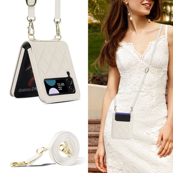 Allytechgroup Galaxy Z Flip 4 Wallet Case with Cards Holder, with Shoulder Strap Premium PU Leather Protective Shockproof Hand Wrist Phone Case Cover for Samsung Galaxy Z Flip 4, White