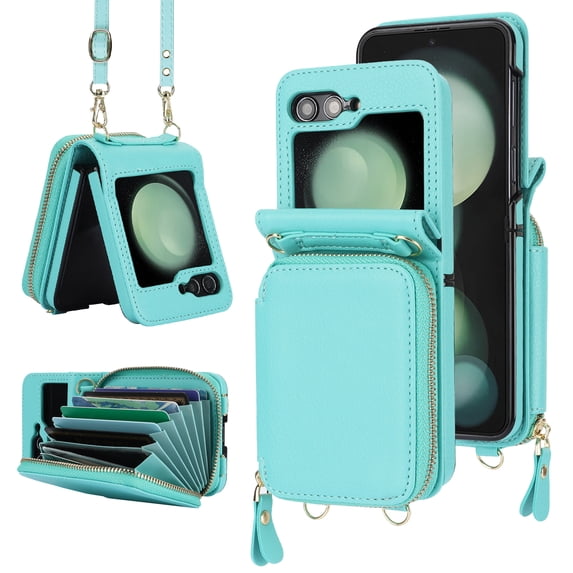 Allytechgroup Galaxy Z Flip 4 Wallet Case with Crossbody Lanyard, Premium PU Leather Stylish Purse Design Protective Shockproof Mini Phone Case Bag for Samsung Galaxy Z Flip 4, Mint
