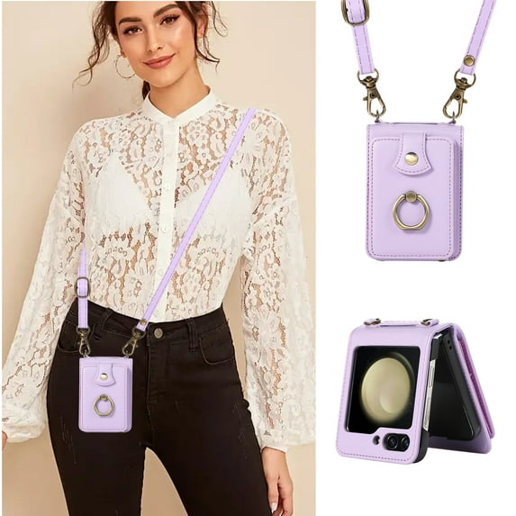 Allytechgroup Galaxy Z Flip 4 Wallet Case with Shoulder Strap, Premium PU Leather Back Cover Ring Holder Stand Cards Slots Shockproof Protective Phone Case for Samsung Galaxy Z Flip 4, Purple