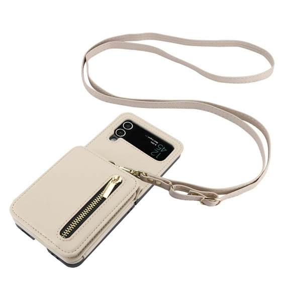Allytechgroup Galaxy Z Flip 4 Wallet Case for Women Girls, Crossbody Shoulder Strap RFID Blocking Shockproof Cards Slots PU Leather Case Cover, Apricot