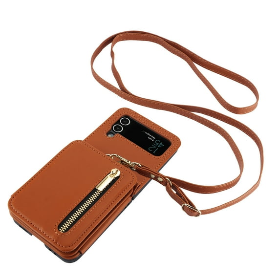 Allytechgroup Galaxy Z Flip 4 Wallet Case for Women Girls, Crossbody Shoulder Strap RFID Blocking Shockproof Cards Slots PU Leather Case Cover, Brown