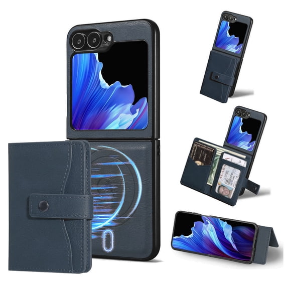 Allytechgroup Galaxy Z Flip 5 Case, Premium PU Leather 2 In 1 Wallet Phone Case for Samsung Galaxy Z Flip 5 with Card Holder Shockproof TPU Magnetic Cover Compatible with MagSafe & Car Mount,Blue