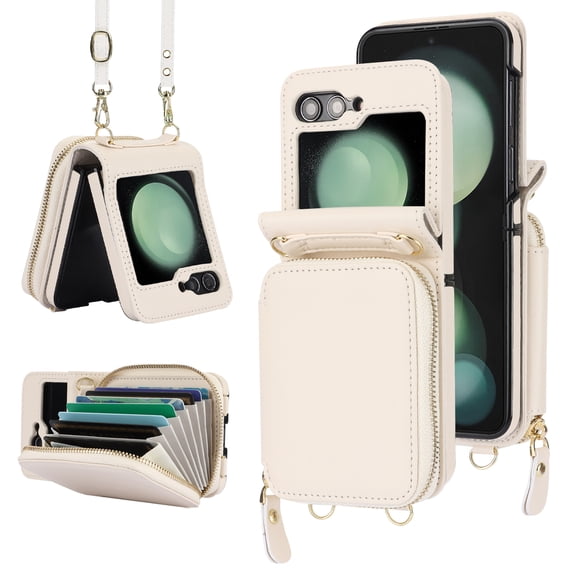 Allytechgroup Galaxy Z Flip 5 Wallet Case with Crossbody Lanyard, Premium PU Leather Stylish Purse Design Protective Shockproof Mini Phone Case Bag for Samsung Galaxy Z Flip 5, Beige