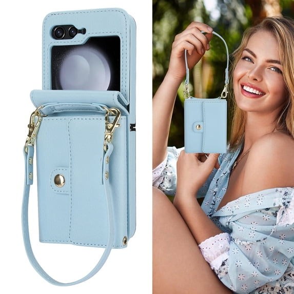 Allytechgroup Galaxy Z Flip 5 Wallet Case, Stylish Practical Protective Premium PU Leather Cards Slots Hand Wrist Crossbody Strap Phone Case for Samsung Galaxy Z Flip 5, Blue