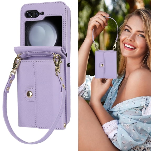 Allytechgroup Galaxy Z Flip 5 Wallet Case, Stylish Practical Protective Premium PU Leather Cards Slots Hand Wrist Crossbody Strap Phone Case for Samsung Galaxy Z Flip 5, Purple