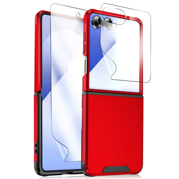 Allytechgroup Galaxy Z Flip 6/Flip 7 FE Case with Screen Protector, Sliding Camera Lens Protector Anti-Scratch Shockproof Anti-Scratch Rugged Phone Case Cover for Samsung Galaxy Z Flip 6/7 FE,Red