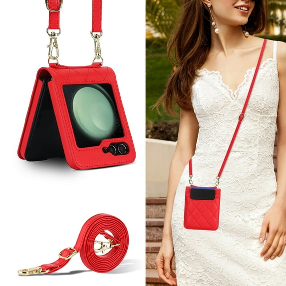 Allytechgroup Galaxy Z Flip 6 Wallet Case with Cards Holder, with Shoulder Strap Premium PU Leather Protective Shockproof Hand Wrist Phone Case Cover for Samsung Galaxy Z Flip 6, Red