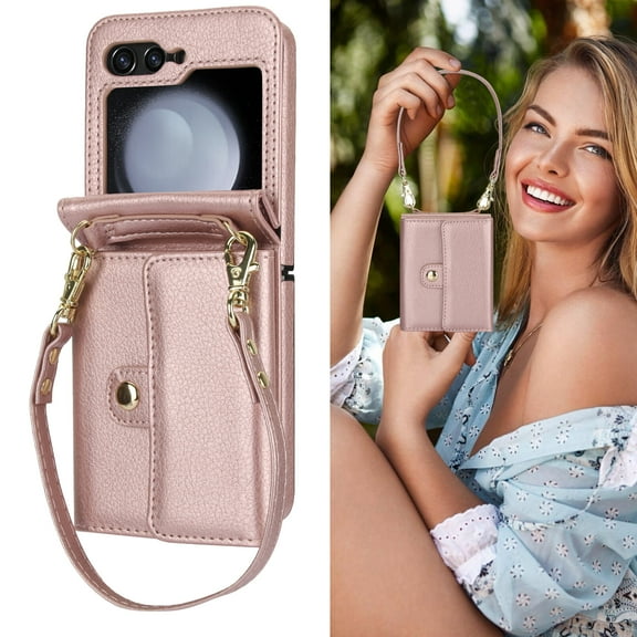 Allytechgroup Galaxy Z Flip 6 Wallet Case, Stylish Practical Protective Premium PU Leather Cards Slots Hand Wrist Crossbody Strap Phone Case for Samsung Galaxy Z Flip 6, Rosegold